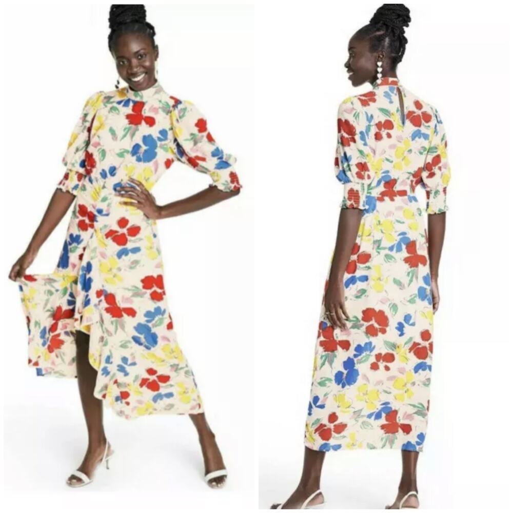 Rixo Target NWT Floral Mock Neck Cascade Ruffle Dress Size 4 Midi Maxi Keyhole